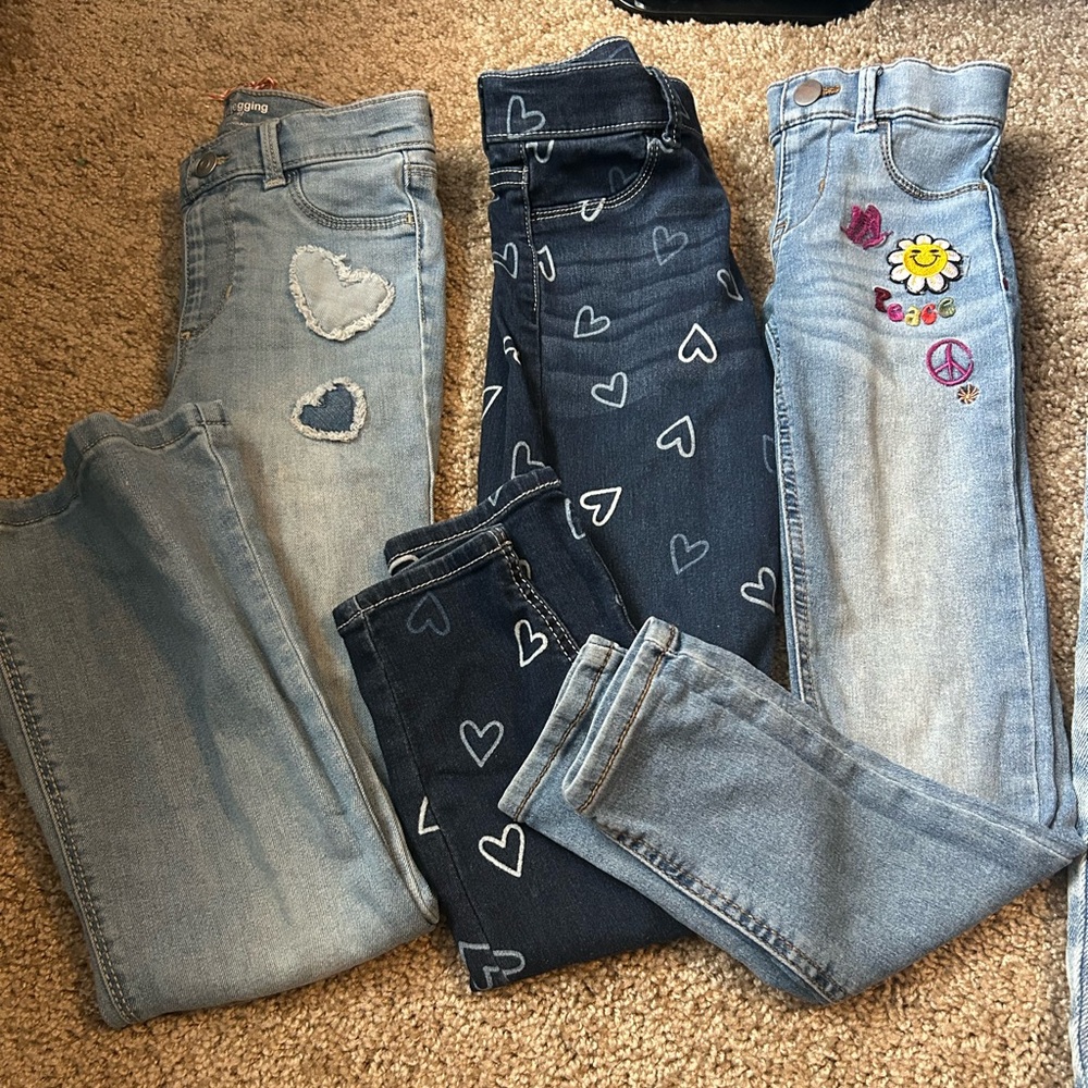 Girls' Heart Print and Embroidered Light & Dark Blue Jeans - Pack